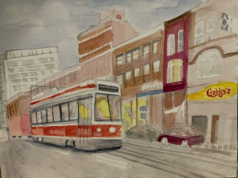 Streetcar near old buildings